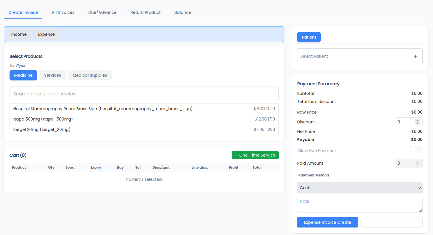 HospitalHub invoices screenshot